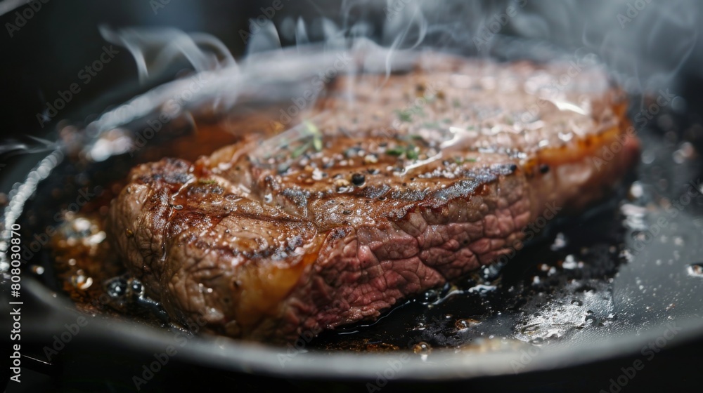 A steak cooking to perfection on a cast iron skillet, capturing the essence of home cooking A steak cooking to perfection on a cast iron skillet, capturing the essence of home cooking