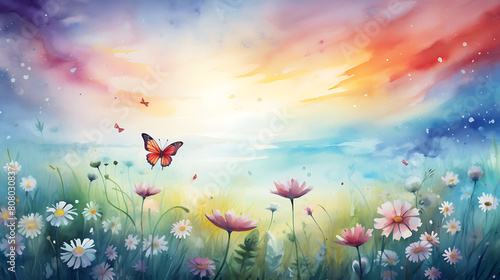 Conjure a watercolor background depicting a peaceful meadow with wildflowers and butterflies photo