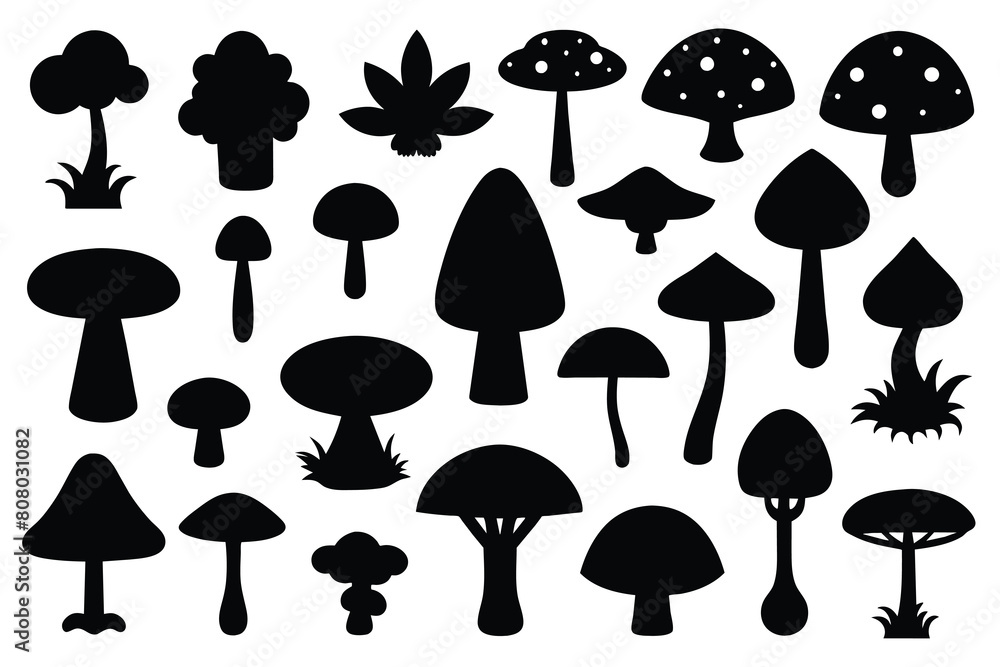 Set of mushrooms black Silhouette Design with white Background and Vector Illustration