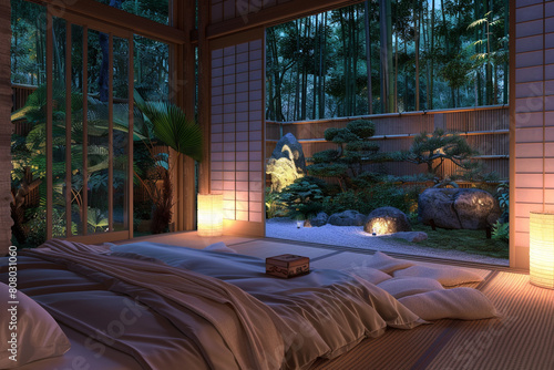 A serene, Zen-inspired bedroom in a secluded forest setting, illuminated by the gentle light of the evening. The design incorporates traditional Japanese elements, such as tatami mats, 