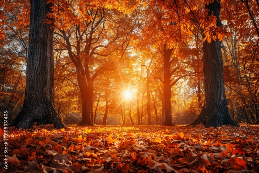 Autumn Forest, Golden sunlight filtering through trees, Colorful foliage creating layers, Low-angle perspective, Warm tones of autumn leaves, Late afternoon