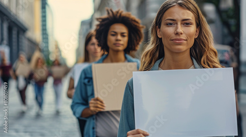 A group of diverse women protesting peacefully, standing in a line holding blank placards. Conveying a protest or demonstration concept. Meeting Women's rally © Helen
