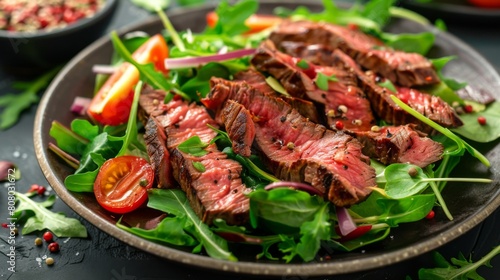 A steak salad with fresh greens and grilled meat, combining health and indulgence