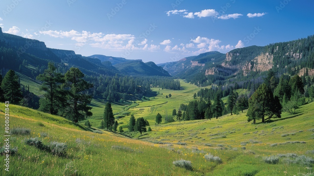 Obraz premium A view of a valley with mountains and trees in the distance, AI