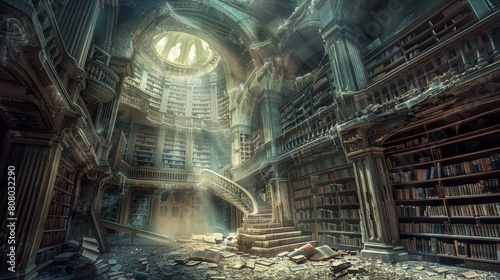 A forgotten library filled with towering bookshelves and swirling dust motes in a beam of sunlight photo