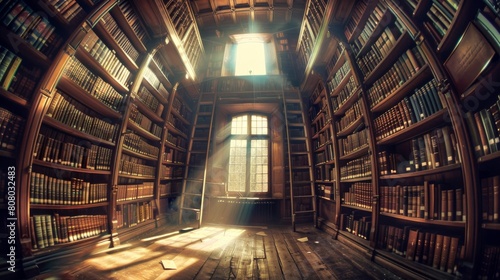 A forgotten library filled with towering bookshelves and swirling dust motes in a beam of sunlight photo
