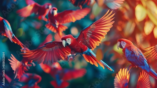 A flock of exotic birds bursting forth in a riot of color, in the style of luminous hues, Wollensak 127mm f/4.7 Ektar, mysterious jungle photo