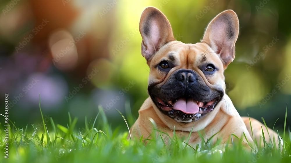 Fototapeta premium An exuberant French Bulldog revels in the outdoors with carefree energy and joy. Concept Outdoor Photoshoot, Playful Poses, Energetic Dog, French Bulldog Portrait, Joyful Moments