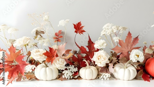 Simple Thanksgiving Decor with Dried Leaves, Pumpkins, and White Flowers. Concept Thanksgiving Decor, Dried Leaves, Pumpkins, White Flowers