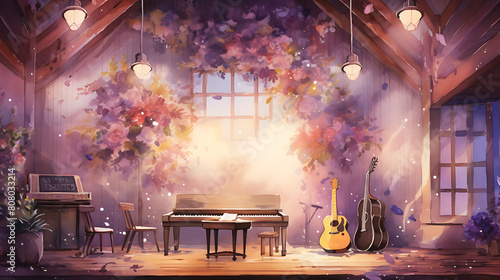 Conjure a watercolor background depicting an intimate concert in a small, cozy venue, with the warmth of the music filling the space photo