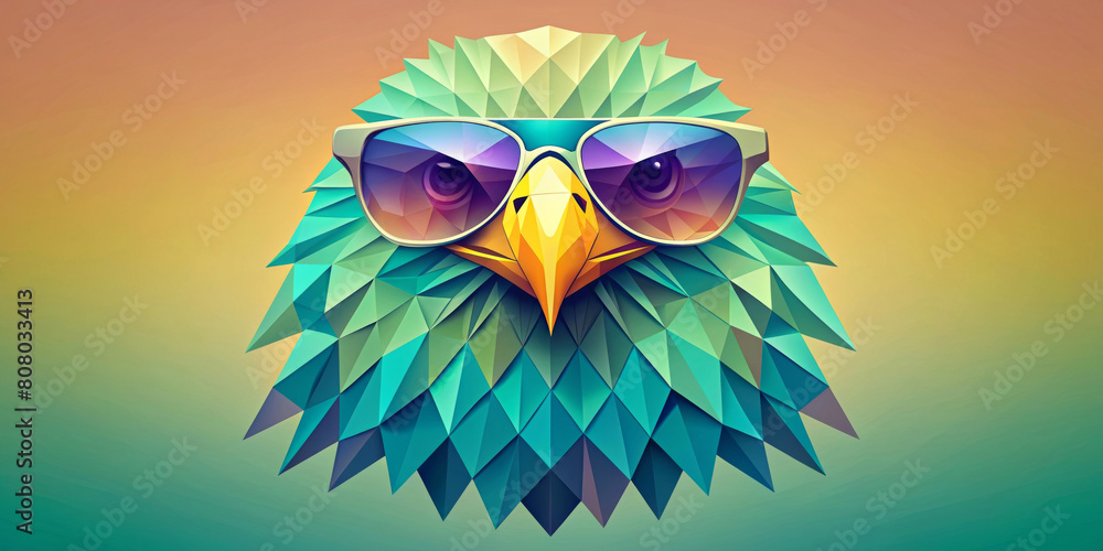 The stylised eagle head wears purple sunglasses with geometric shapes and bright colours.In the background, there is a smooth transition between yellow and pink,giving a fashionable and modern feel.AI