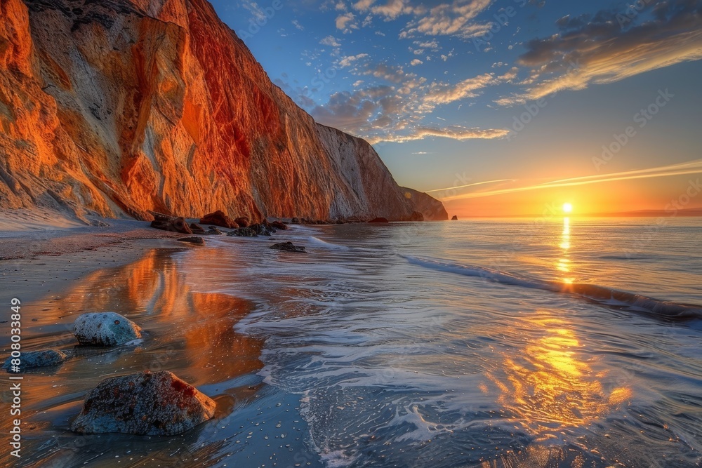 Coastal Cliff, Golden sunlight reflecting off the sea, Cliffside framing the ocean vista, Low-angle perspective from beach, Blue hues of ocean contrasted with warm cliffs, Sunset hour at the coast