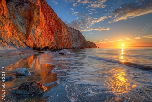 Coastal Cliff  Golden sunlight reflecting off the sea  Cliffside framing the ocean vista  Low-angle perspective from beach  Blue hues of ocean contrasted with warm cliffs  Sunset hour at the coast