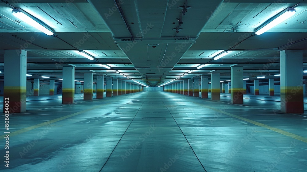 A large empty parking garage with yellow and blue lights, AI A large empty parking garage with yellow and blue lights, AI