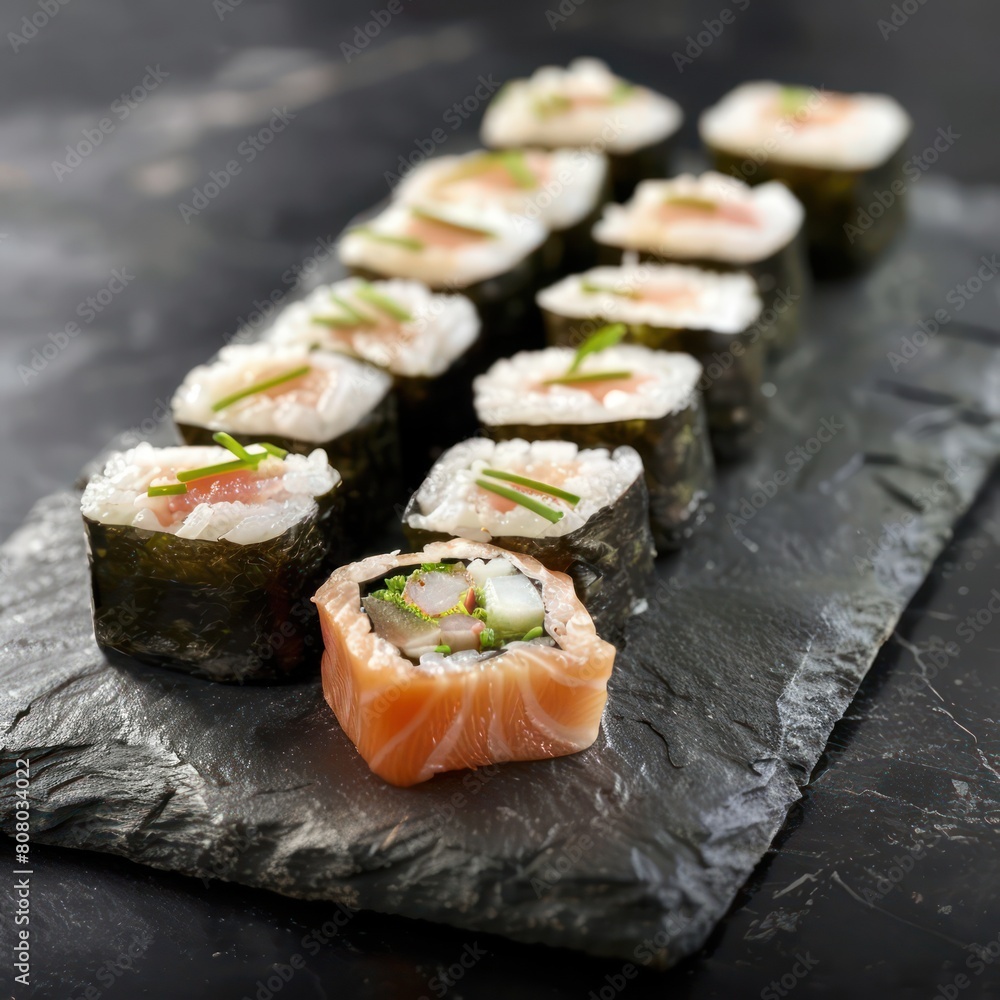 A plate of gourmet sushi rolls beautifully arranged on a stone plate A plate of gourmet sushi rolls beautifully arranged on a stone plate