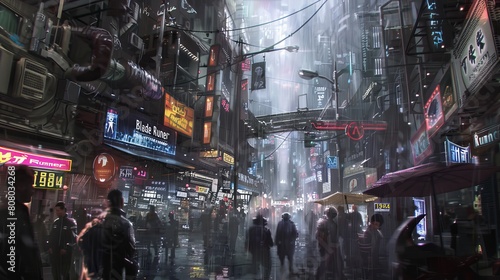 A dystopian megacity where towering skyscrapers cast long shadows over crowded streets filled with throngs of impoverished denizens