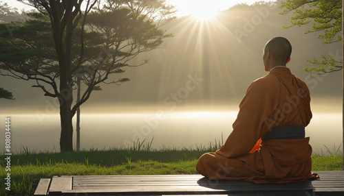 Silhouette of a meditating monk enjoying the morning sunrise by the sea