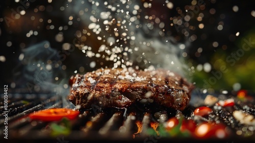 A dynamic image capturing the motion of salt being sprinkled onto a grilled steak  with grains falling and flavors enhancing