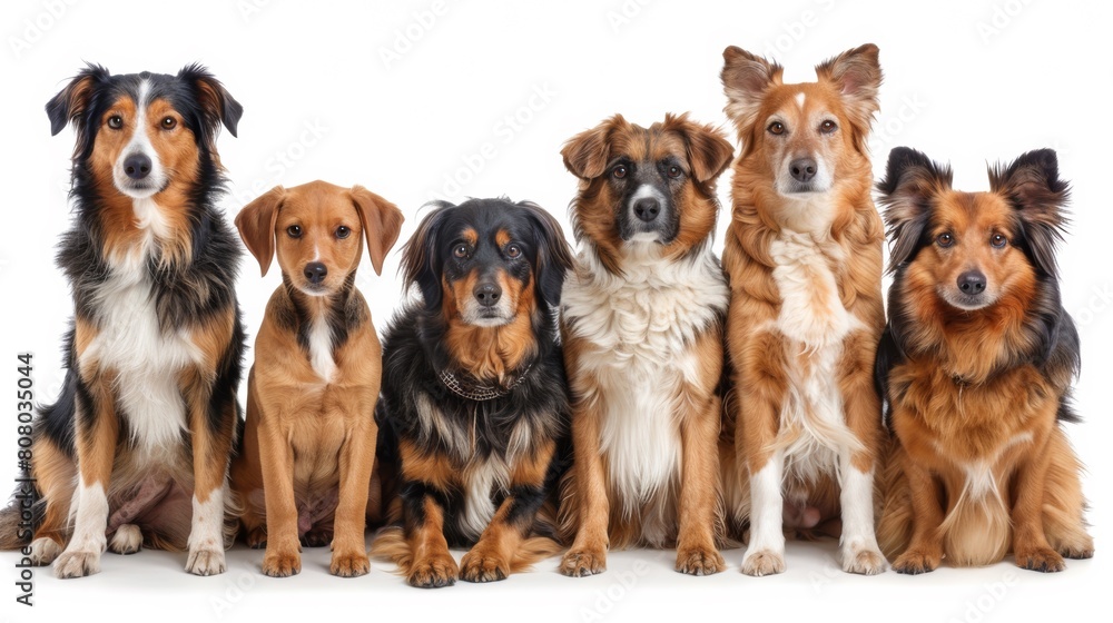 A group of dogs sitting in a row with their heads together, AI