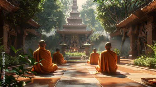 Buddhist monks in orange robes sit in meditation in a temple. photo