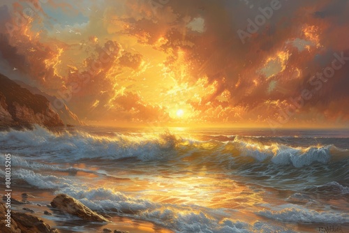 Coastal Sunrise  Golden sunlight over ocean  Rocky coastline at sunrise  Eye-level view  Warm hues of sunrise