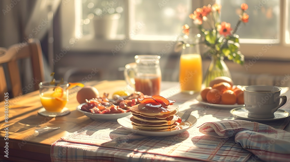 Cozy Morning Breakfast Setup with Pancakes and Fresh Juice on a Sunlit Table