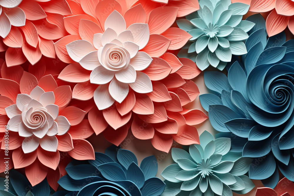 Floral frame with paper cut flowers and leaves, flat, pastel blue, pink, green, blue background Floral frame with paper cut flowers and leaves, flat, pastel blue, pink, green, blue background