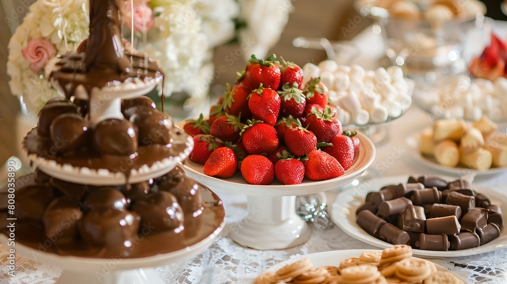 Elegant Dessert Spread with Chocolate Fountain and Fresh Strawberries for a Festive Occasion Elegant Dessert Spread with Chocolate Fountain and Fresh Strawberries for a Festive Occasion