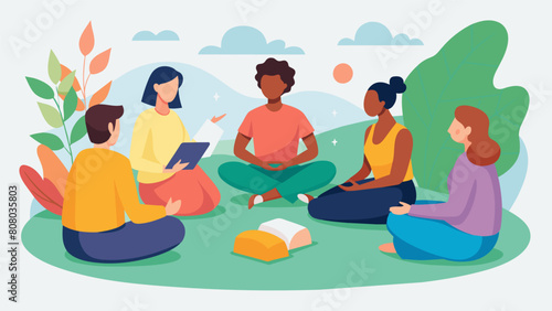 A diverse group of individuals sitting on cushions in a peaceful garden setting discussing their personal journeys and offering guidance to one. Vector illustration © Justlight