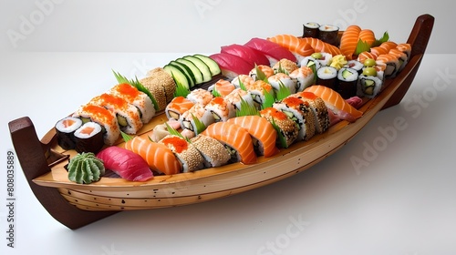 Assorted Sushi and Sashimi Selection Presented on a Wooden Sushi Boat