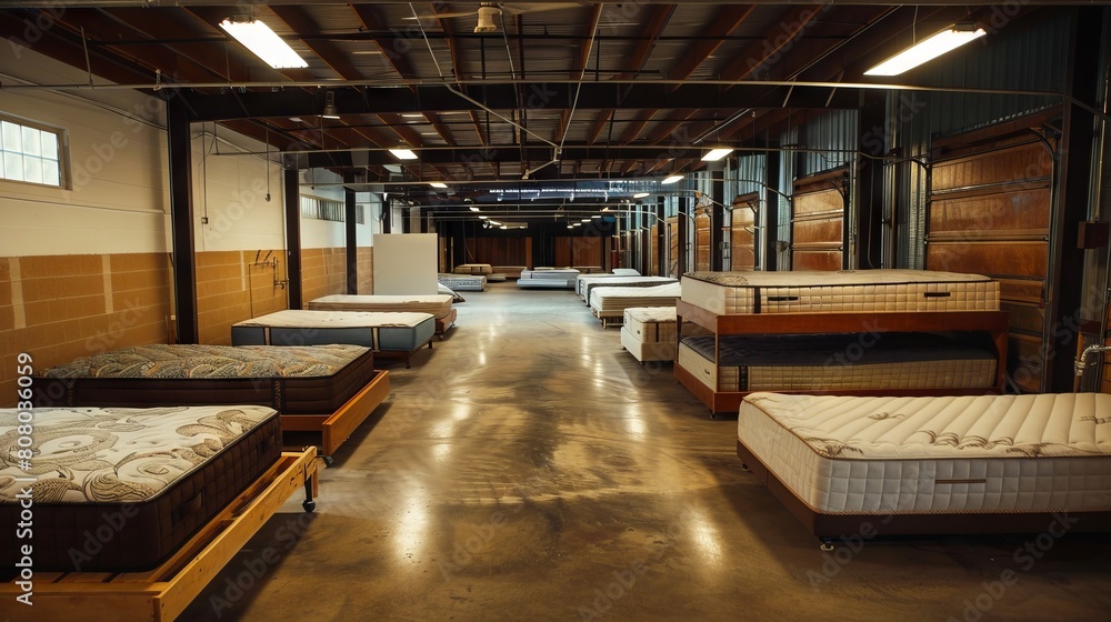 A warehouse filled with mattresses and other furniture.