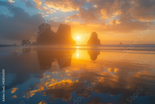 Coastal Sunrise, Golden sunlight reflecting off calm waters, Silhouettes of rocks along the coast, Eye-level view from beach, Pastel hues of dawn sky photo