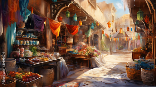 Conjure a watercolor background depicting a colorful and bustling bazaar in Marrakech, with textiles and spices filling the air with color and scent photo