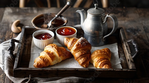 Rustic Breakfast Setup with Fresh Croissants and Coffee on Wooden Table photo