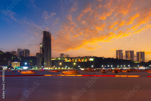 Pattaya, Thailand,Aerial view of Pattaya sea, beach in Thailand in summer season, urban city with blue sky for travel background. Chon buri skyline.