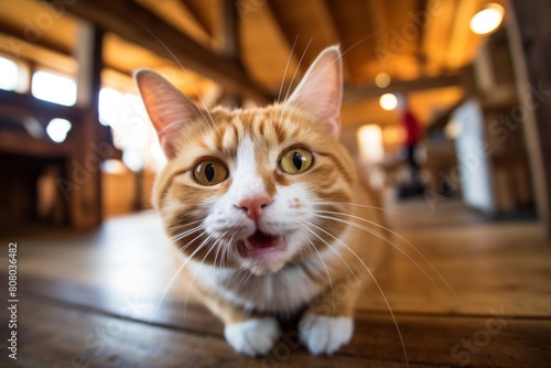 Environmental portrait photography of a smiling manx cat back-arching in rustic wooden floor