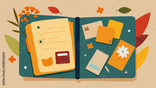 A scrapbook its pages yellowed with age is filled with ticket stubs postcards and dried flowers.. Vector illustration