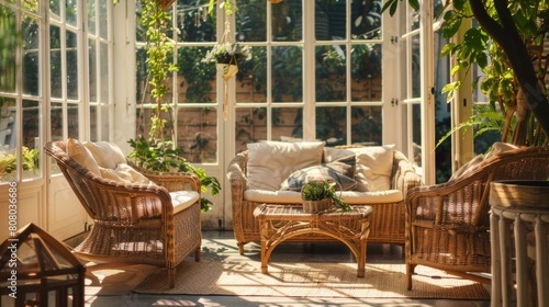 A sunlit conservatory with rattan furniture, tranquil space for relaxation