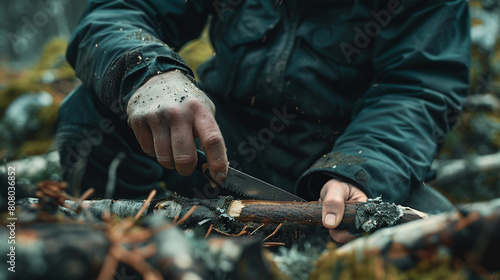 Closeup of man cutting stick in the forest. Bushcraft survival concept photo