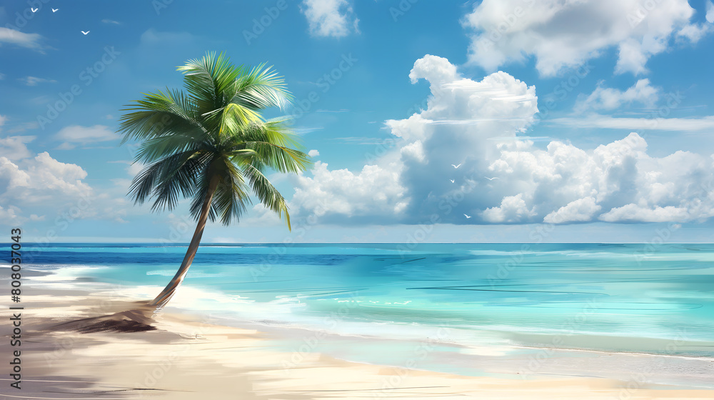 Serene Tropical Beach with a Lone Palm Tree and Azure Waters Serene Tropical Beach with a Lone Palm Tree and Azure Waters