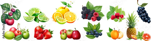 Fruit pile set. Vector illustration of banners with various tropical fruits isolated on white background. Fresh food in cartoon flat style.