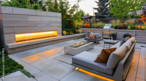 A sleek, outdoor living space designed for modern homes, featuring a built-in fireplace and a comfortable seating area with contemporary, weather-resistant furniture. 