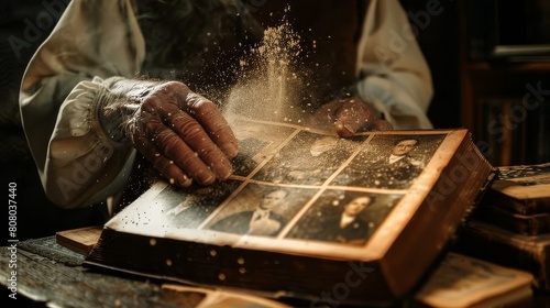 A dynamic image capturing the motion of a person dusting off an antique family photo album, with sepia-toned images revealing generations of shared history and heritage photo