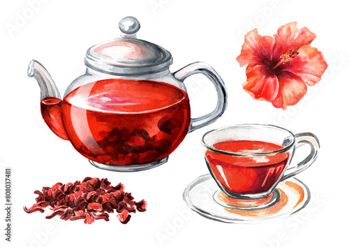 Glass transparent teapot and a cup set, with Hibiscus tea. Hand drawn watercolor illustration isolated on white background