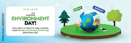 World Environment day. 5th June World environment day celebration cover banner with icons of healthy environment: trees, birds, earth globe, birds, flowers. This day raise awareness on global warming