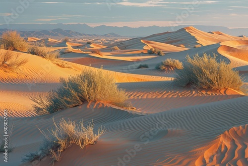 Desert Dunes, Warm sunlight casting long shadows, Rolling dunes creating dynamic lines, Low-angle perspective from desert floor, Earth tones of sand contrasted with blue sky photo