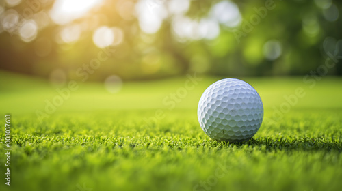 Close-up of a Golf Ball on Dewy Grass at Sunrise