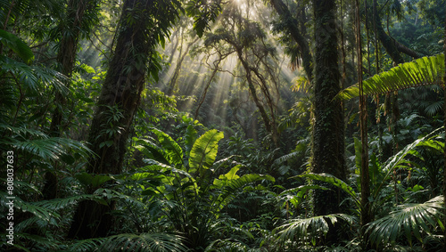 Foresta tropicale illuminata dai raggi del sole all'alba  photo