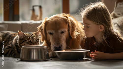 Tender Moment Among Girl, Cat, and Dog with Food Bowls at Home © slonme