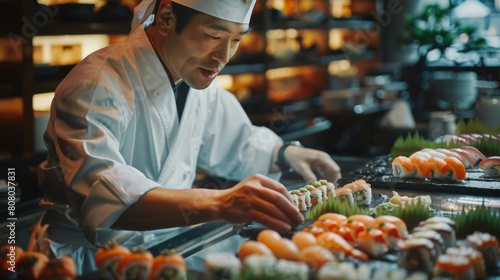 A sushi chef expertly preparing rolls with fresh seafood, showcasing precision photo